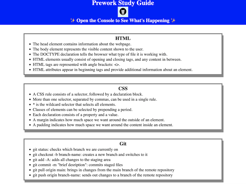 Screenshot of a study guide webpage I made that covers some web dev basics